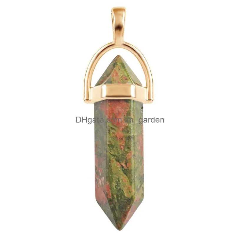gold hexagonal prism agate crystal semiprecious stone charms pendant for necklace jewelry making