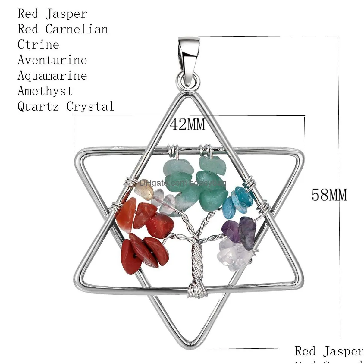 melcaba six pointed star wound life tree pendant seven chakra necklace natural healing crystals quartz gemstone pendants