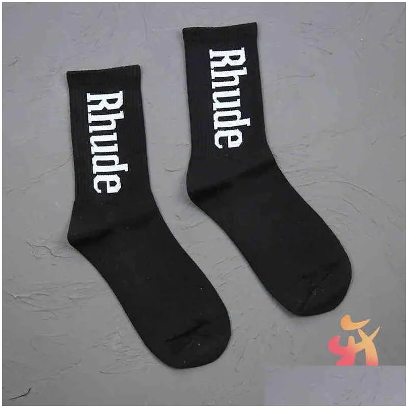simple letter high quality cotton european american street trend men and women rhude couple intube socks for