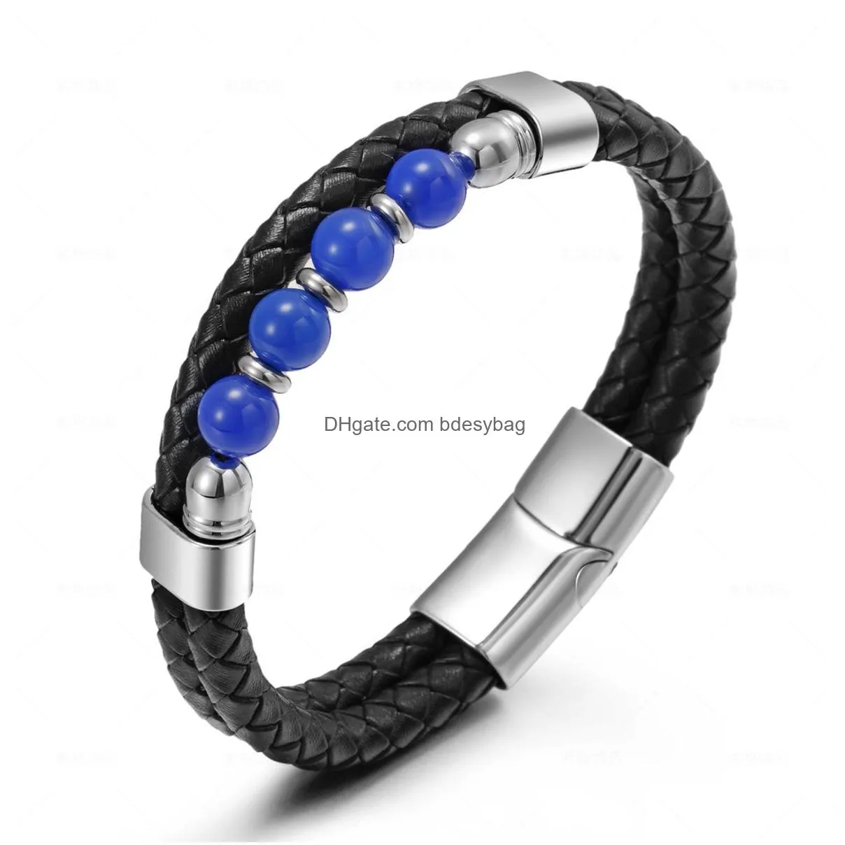 layered braided leather bracelets for men link chain strand 8mm stone beads with magnetic clasp wrist band rope cuff bangle lapis lazuli lava