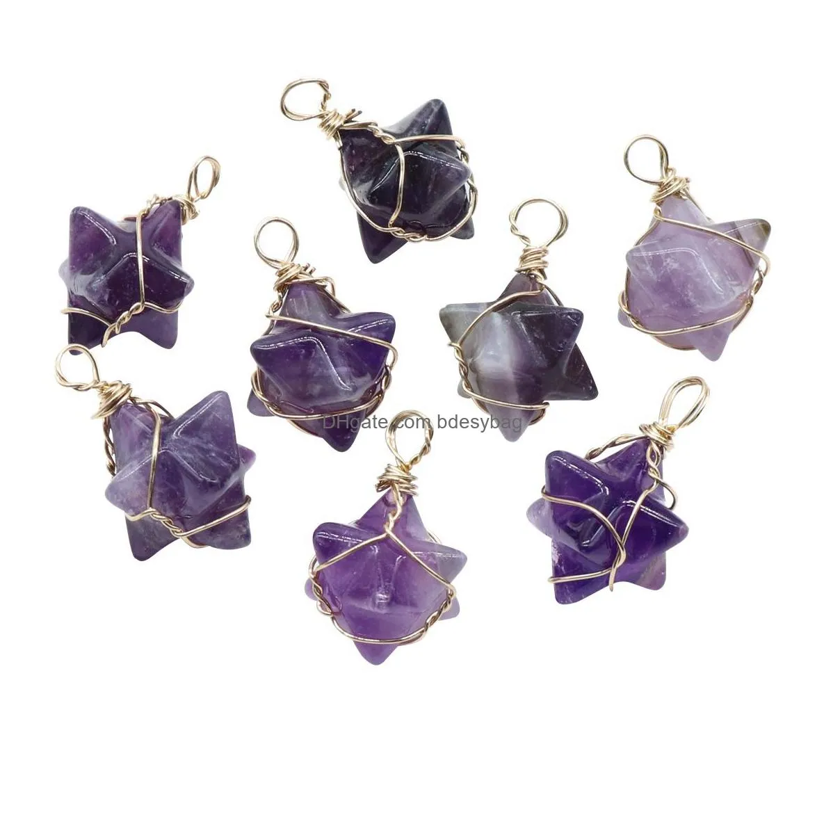 wholesale natural crystal stone pendants hexagram gold wire pendant handwoven gemstone necklace pendant