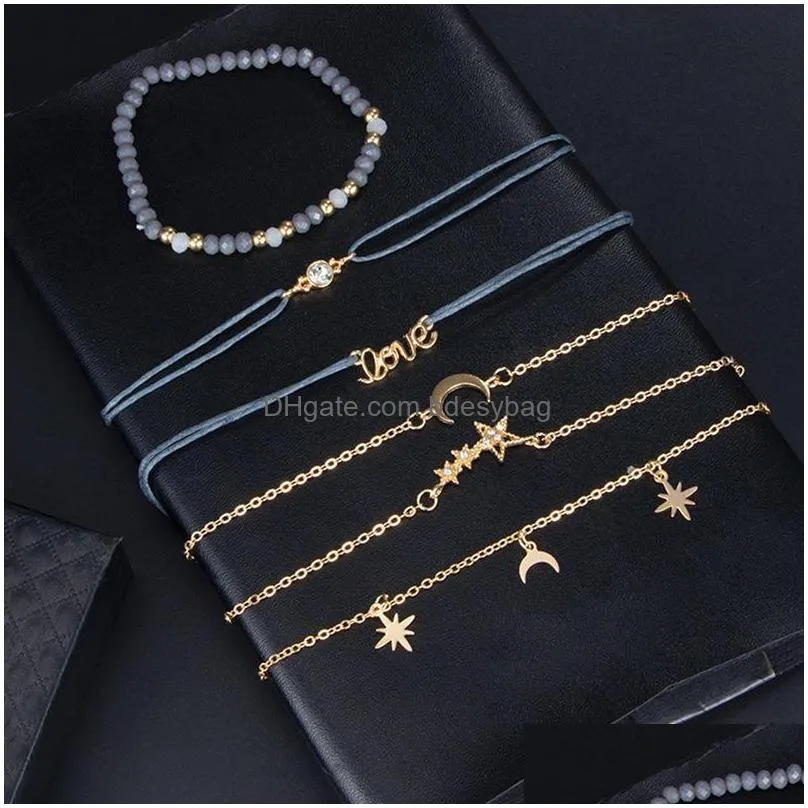 6pcs fashion simple love fivepointed star moon combination natural stone chain bead bracelet set handmade bohemian adjustable rope