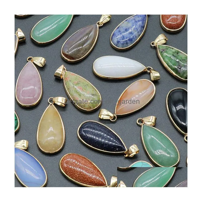 natural agate crystal semiprecious stone charms waterdrop agate gold border edge egg pendant for jewelry making
