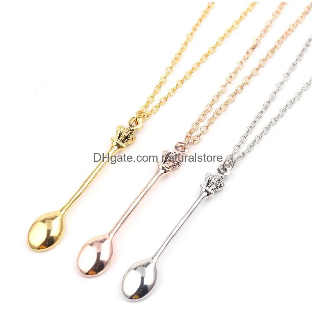 charm tiny tea spoon shape pendant necklace with crown for women 3 colors creative mini long link jewelry spoon necklace