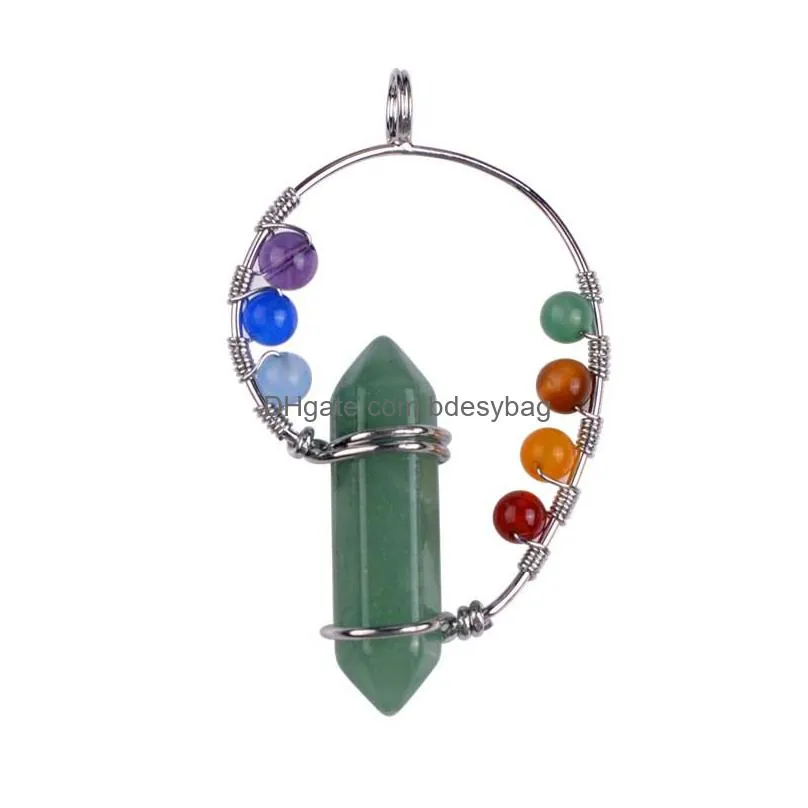 7 chakra healing crystal hexagon pointed necklace divinity metaphysical spirit green balance 12pcs/lot silver owl alloy gemstone