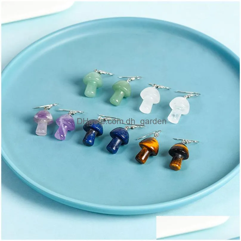 reiki healing mushroom natural crystal stone dangle earrings chakra rose quarz opal tiger eye charms earrings wholesale women jewelry