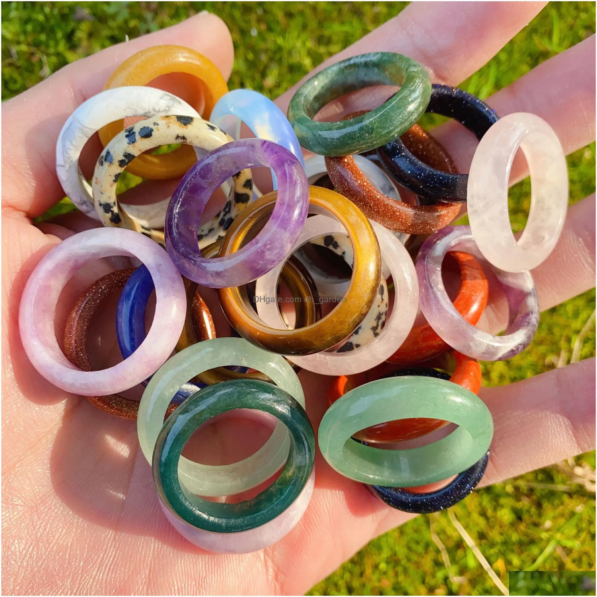 Natural Crystal Stone Jade Ring Band Aventurine Sodalite Red