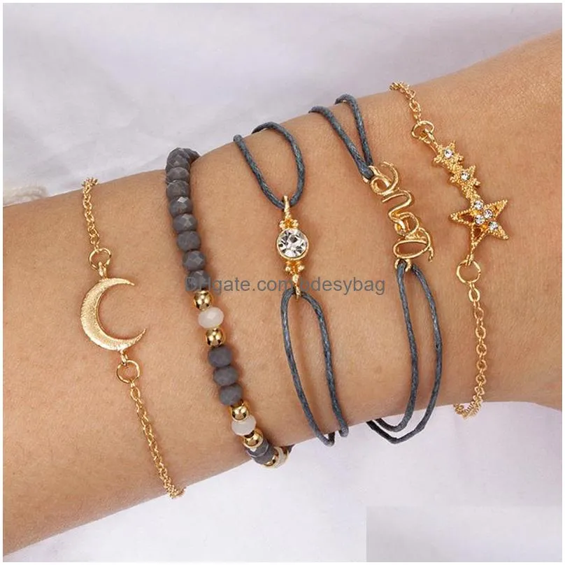 6pcs fashion simple love fivepointed star moon combination natural stone chain bead bracelet set handmade bohemian adjustable rope