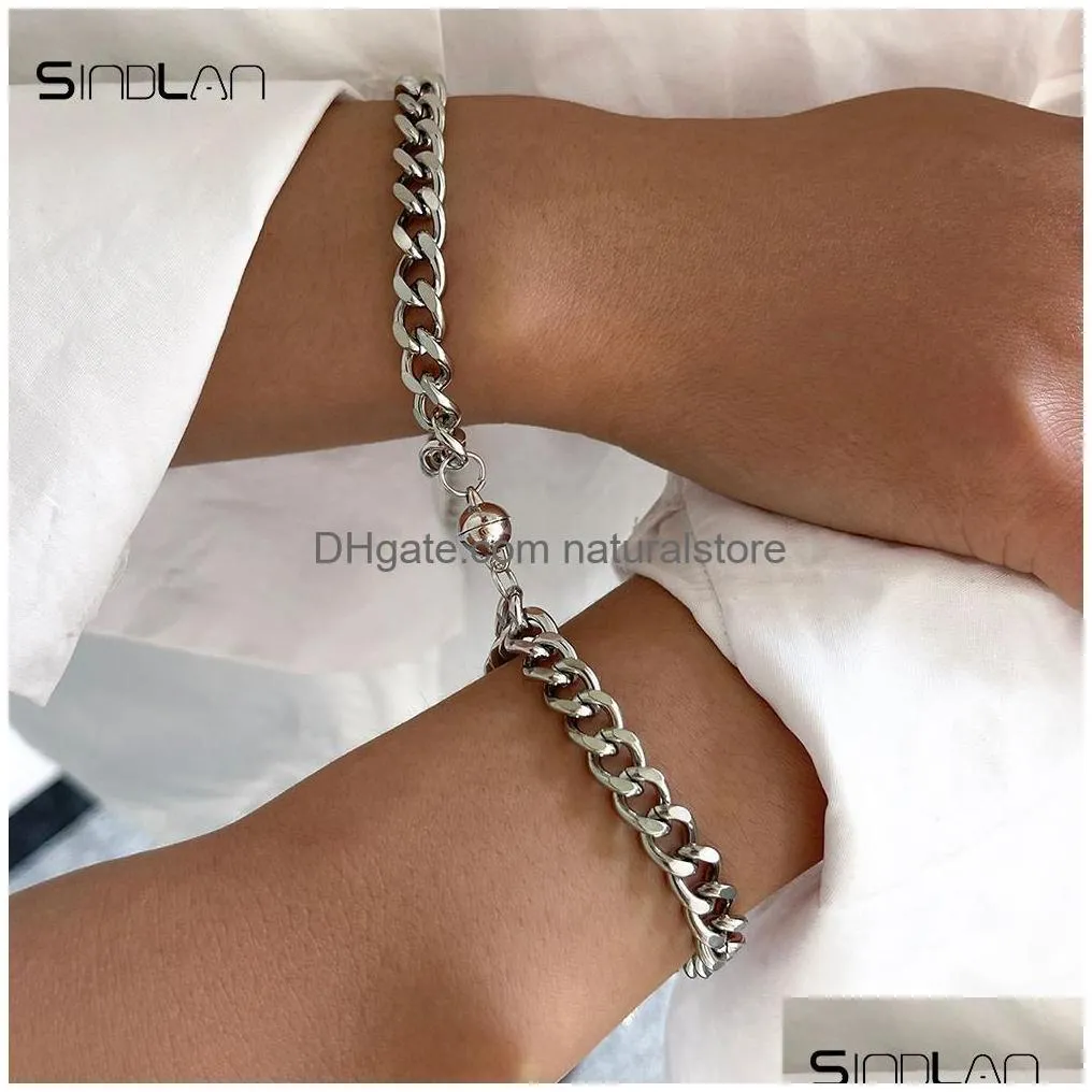 sindlan 2pcs punk silver color chain couple bracelet for women stainless steel romantic magnet men paired things fashion jewelry