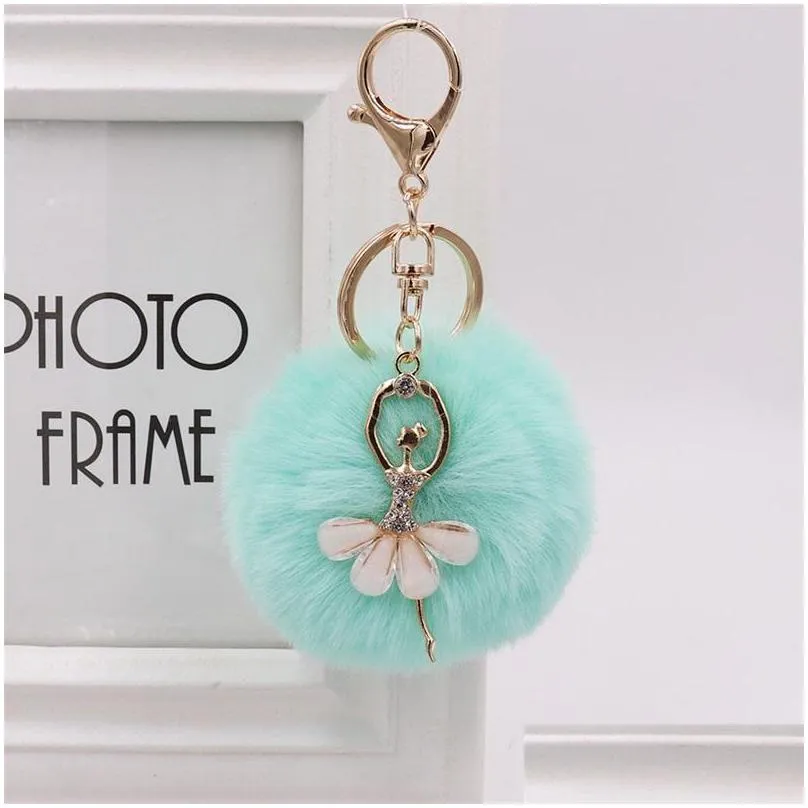 8cm women pompom plush key ring pom pom dancing angel keyring fluffy rex rabbit fur ball keychain handbag pendant charm 199 r2