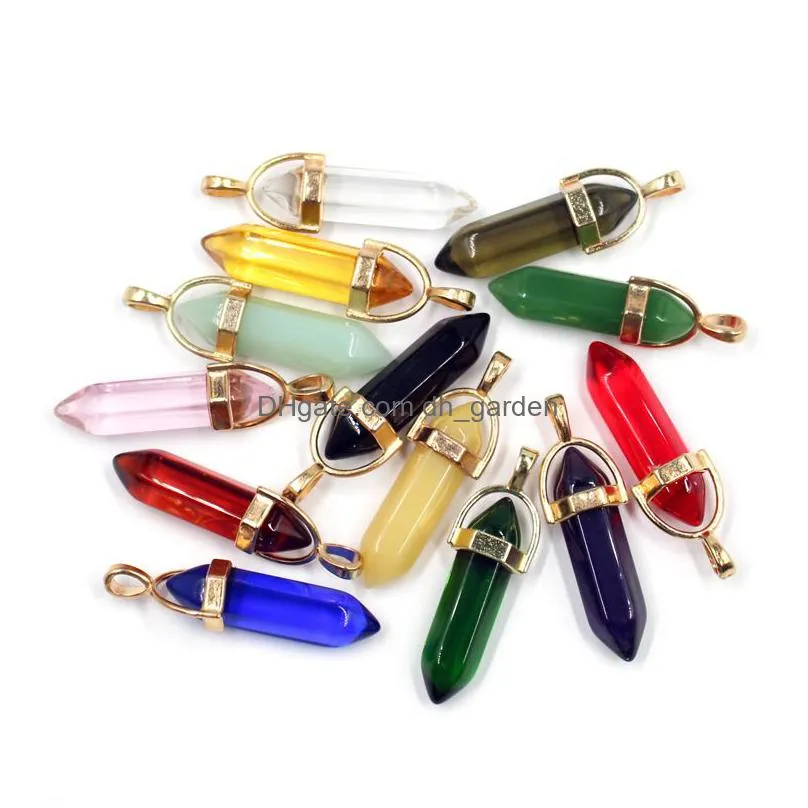 gold hexagonal prism agate crystal semiprecious stone charms pendant for necklace jewelry making