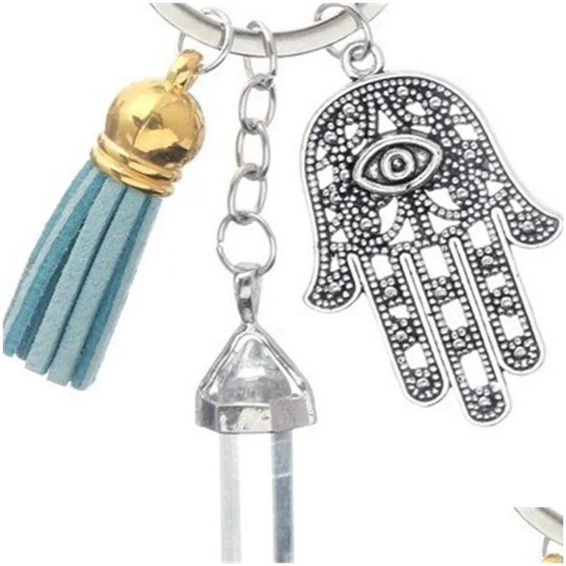 hamsa hand fatima keychain tassel hexagonal prism chakra natural stone evil eye crystal pendant charm keyring jewelry key ring chain 619
