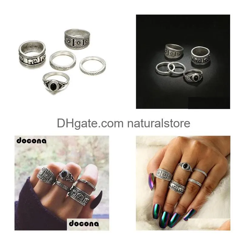 boho silver color elephant flower knuckle midi ring set for women vintage black rhinestone finger rings 5pcs/1set 6222