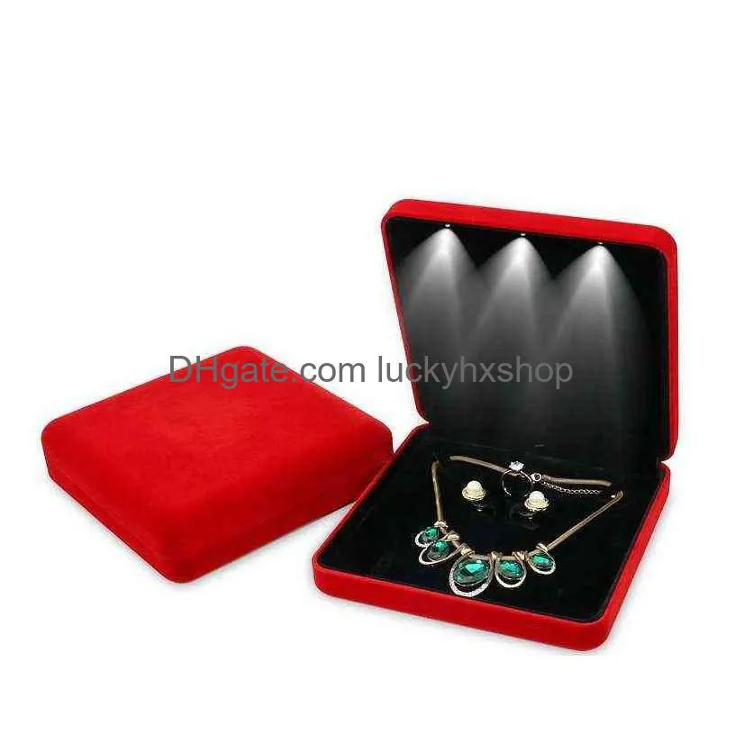 18x18x4.4cm velvet led jewelry box necklace earring ring gift box jewellery set display storage case h220505