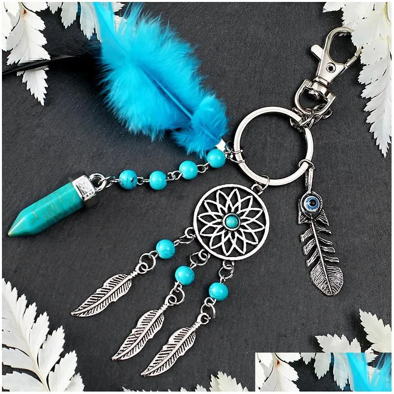 key rings new dream catcher keychains blue feather tassel hamsa hand evil eye keyring for wall car hanging decor amulet boho jewelry 1684