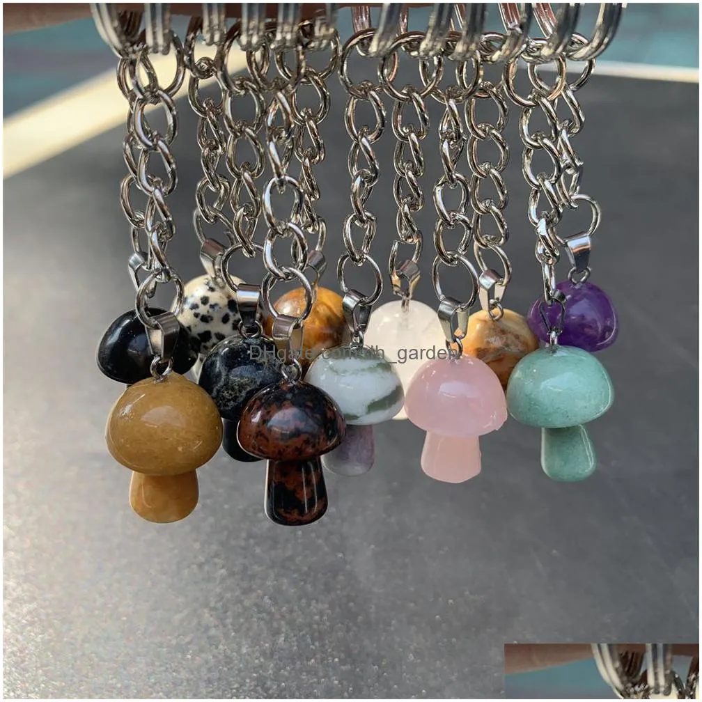 mini mushroom statue stone key rings circle chains carved charms keychains healing crystal keyrings for women men