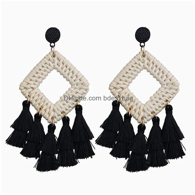 bohemian rattan tassel dangle earrings for women lightweight boho jewelry handmade weaving geometric long drop statement