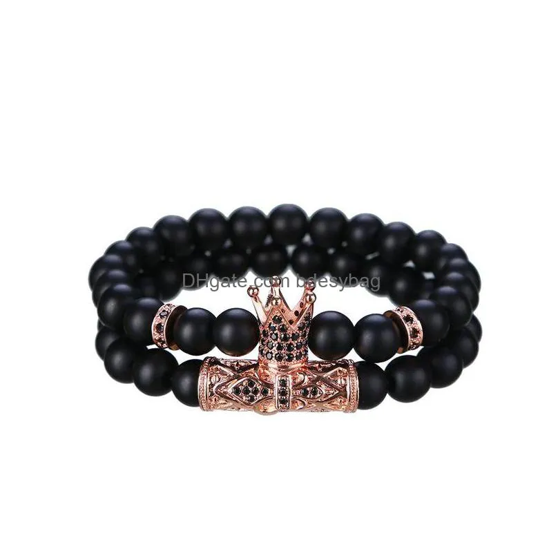 2 set bracelets matte black onyx 8mm crown men and women tattoo personality friendship gift bracelet