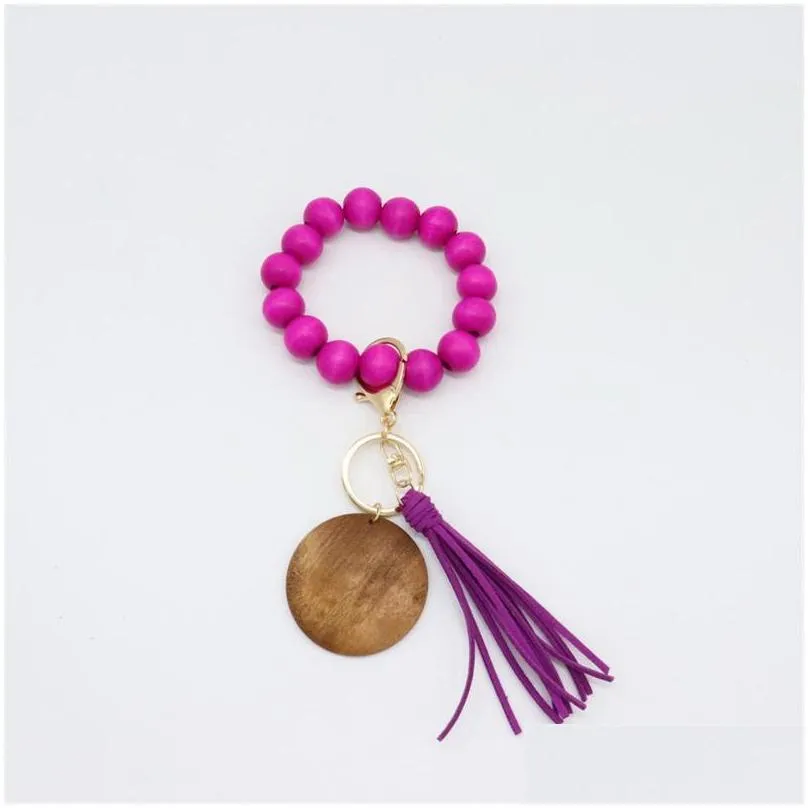 wood beaded key chain elastic force disc tassels bracelet keyring fashion distinctive jewelry for girls 6 8tw q2