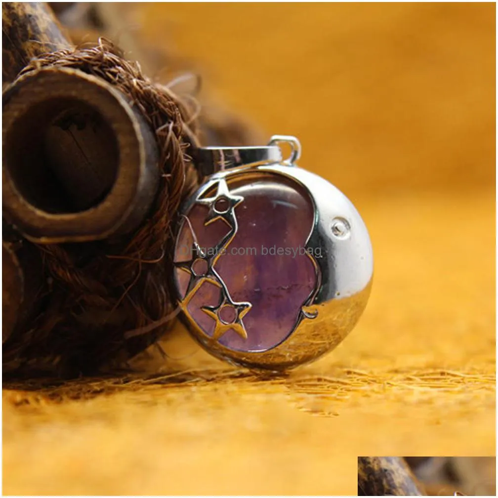 natural gemstone moon and star pendant necklace silver alloy round shape charm jewelry uni amethyst rose quartz tiger eye