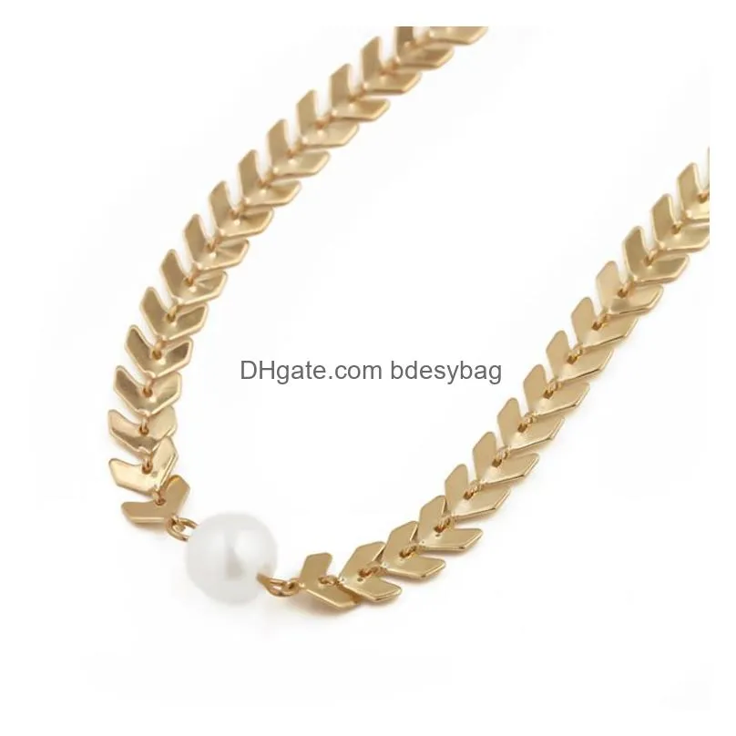 women simple delicate gold layered chokers handmade chain necklace with artificial pearl cheap wholesale drop shipping