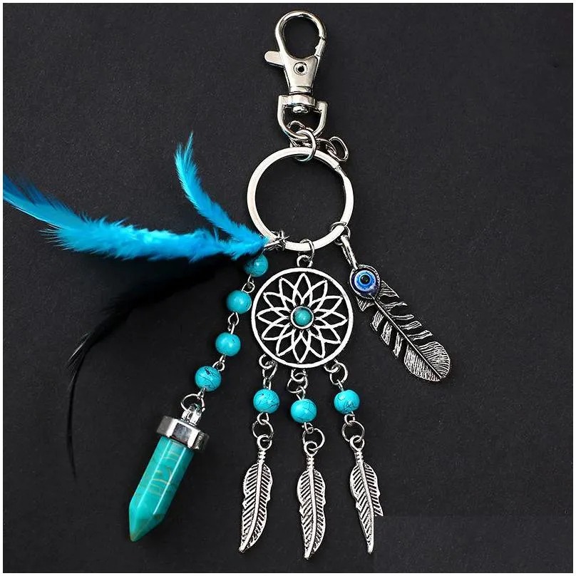 key rings new dream catcher keychains blue feather tassel hamsa hand evil eye keyring for wall car hanging decor amulet boho jewelry 1684