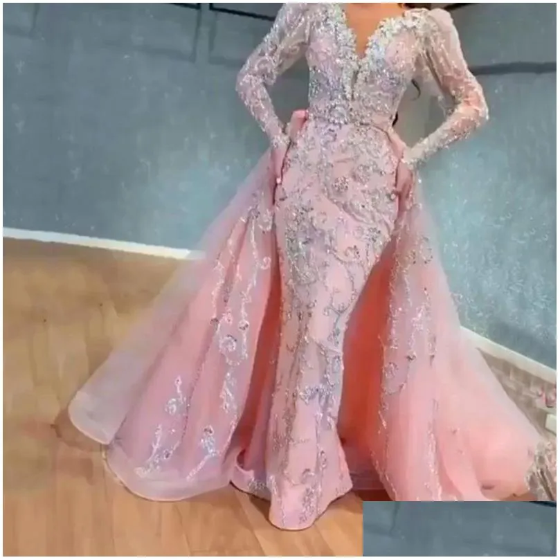 plus size pink sequins mermaid prom dresses elegant long sleeves evening gowns 2022 off shoulder women cheap formal dresses