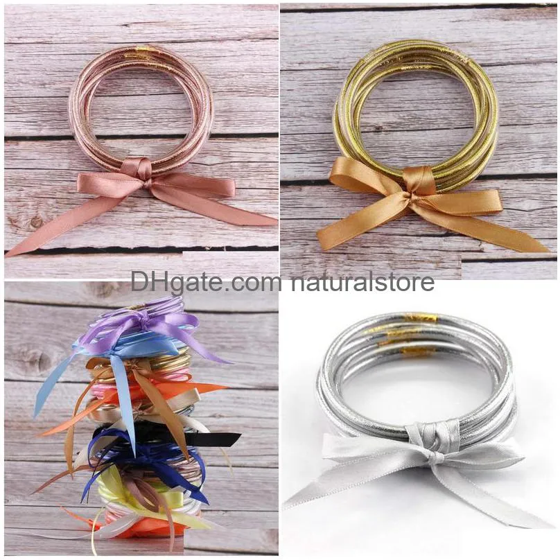 5 pcs/set bowknot gold glitter bangles set all weather stack silicone plastic glitter jelly bangles wholesale