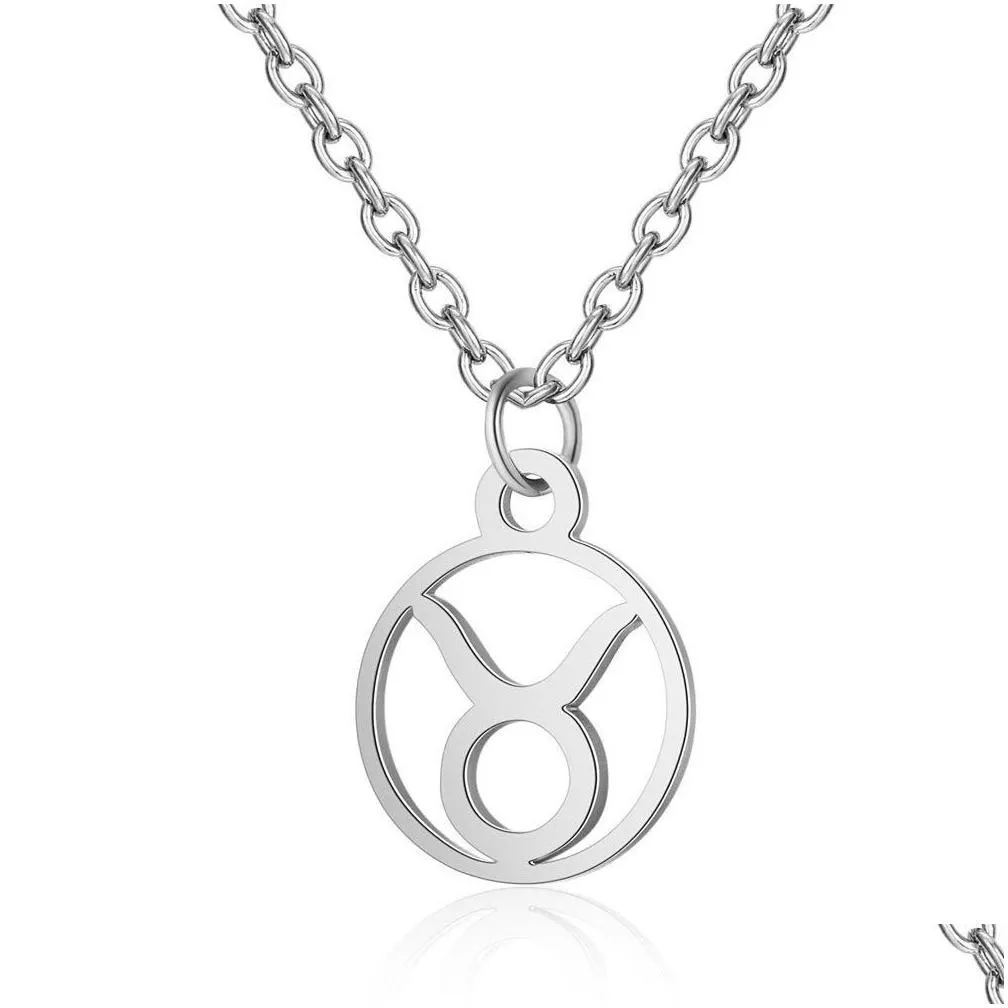 12 constellation zodiac sign necklace for women stainless steel silver link chain leo libra aries circle pendant horoscope astrology