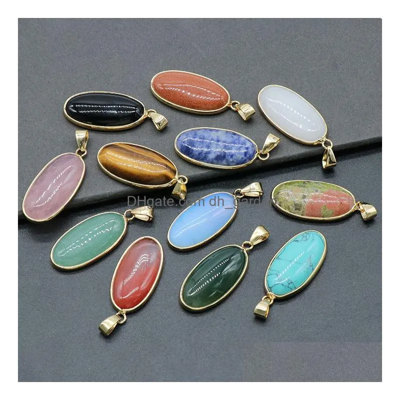 natural agate crystal semiprecious stone charms agate gold border edge egg pendant for jewelry making