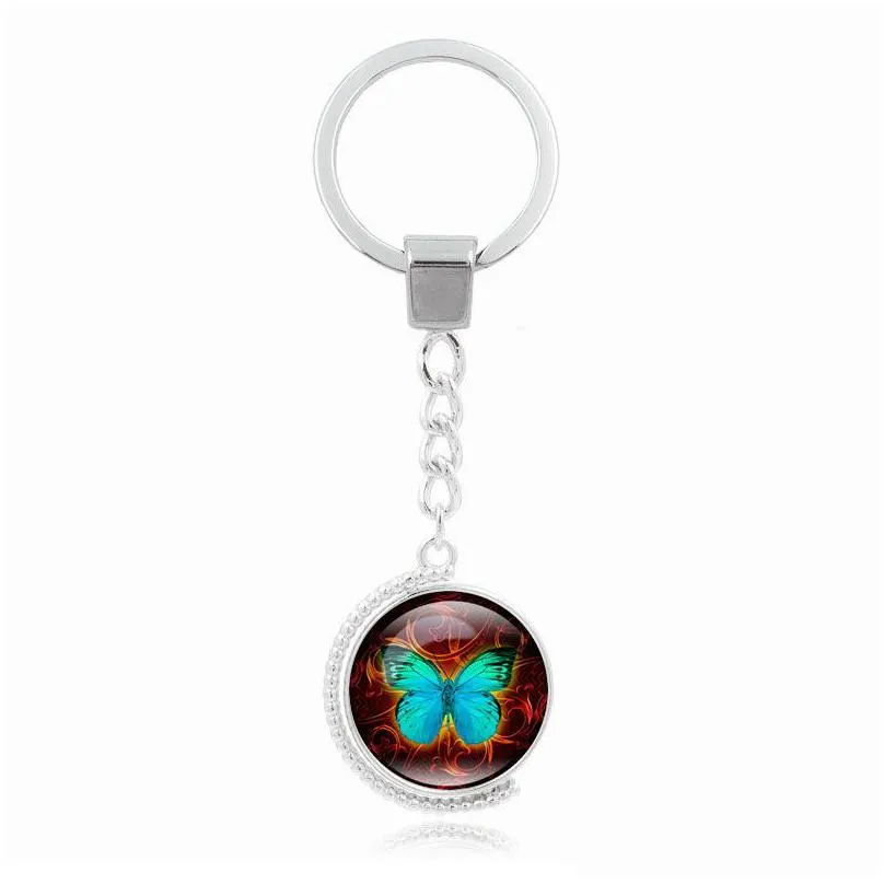  retro butterfly double side rotation time gemstone keychain alloy key ring kr166 keychains mix order 20 pieces a lot 130 t2