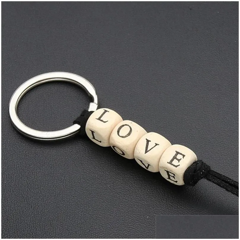 wood key rings automobile pendant letter rectangle bead keychain women men small gifts love family believe 2 2qh q2