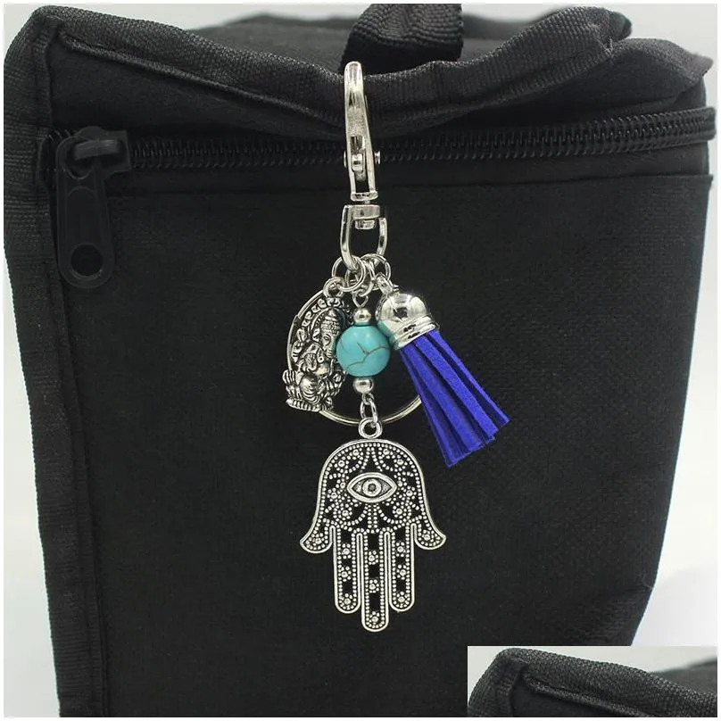 wholesale bohemian women handbag charm key chain ganesha hamsa hand keychain key ring holder bag pendant accessory jewelry gifts new