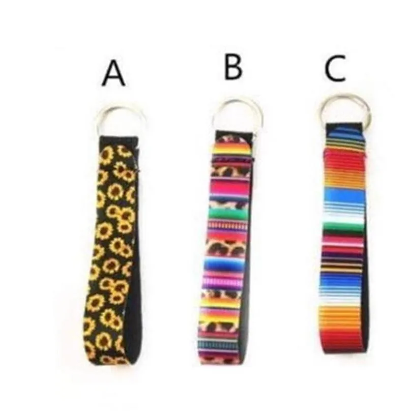 neoprene wristlet keychain colourful printed wrist key belt sunflower strip leopard lanyard key ring long diving material keychains 68