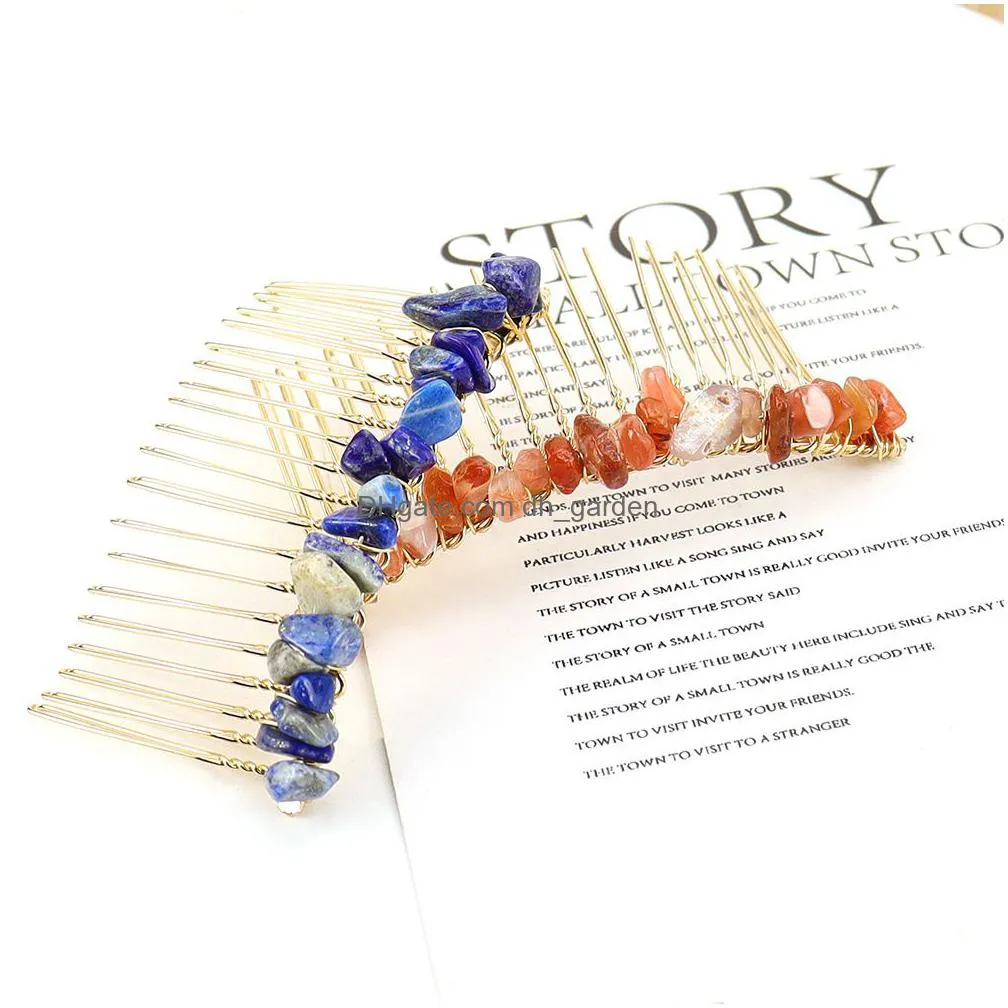 20 teeth gold handmade natural chip stone hair comb healing crystal hairpin hair clips clamp bridal wedding headwear for women