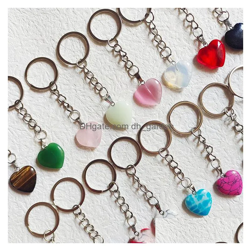 mini love heart stone key rings circle chains charms keychains healing crystal keyrings for women men