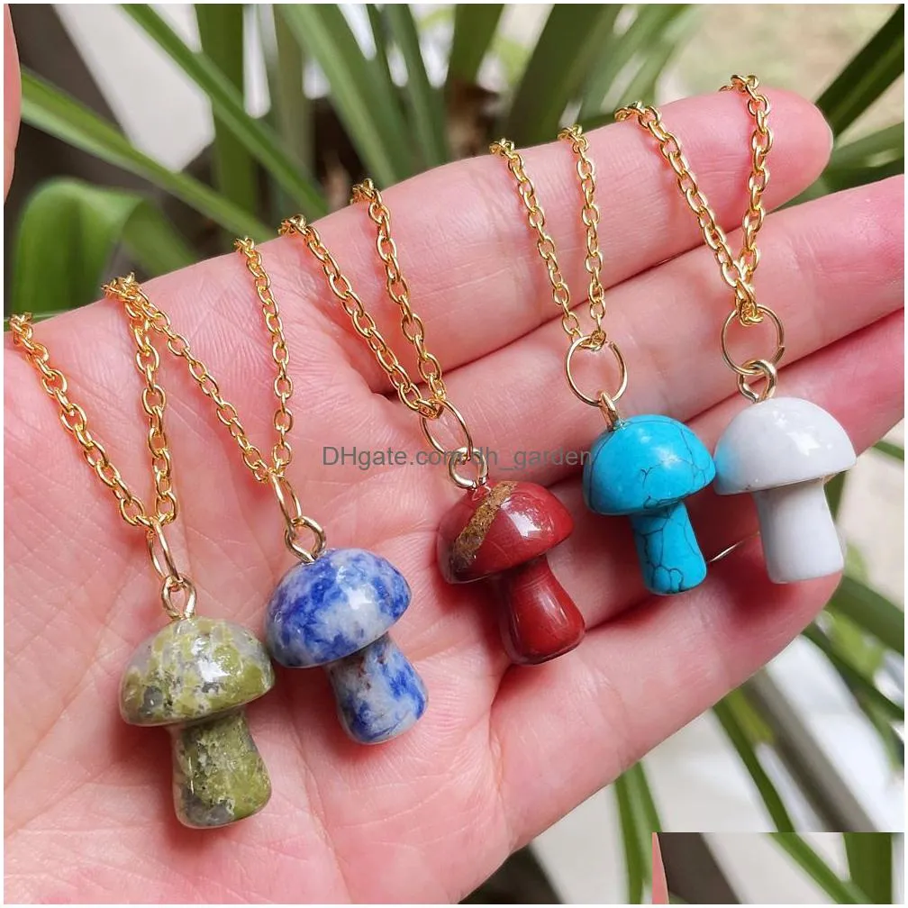 healing natural crystal pendant necklace lovely mushroom charm carnelian opal pink purple crystal necklace fashion women jewelry