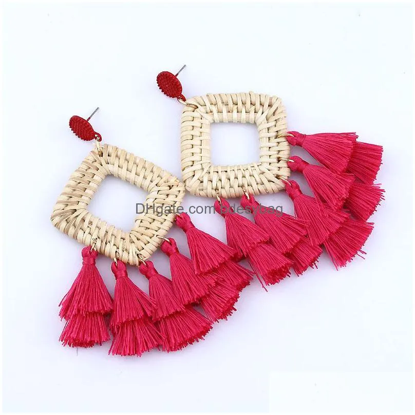 bohemian rattan tassel dangle earrings for women lightweight boho jewelry handmade weaving geometric long drop statement