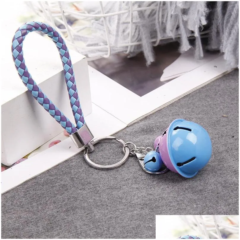 fashion double color bell key chains leather braided ropewoven cord car key chain holder pendant accessories 288 n2