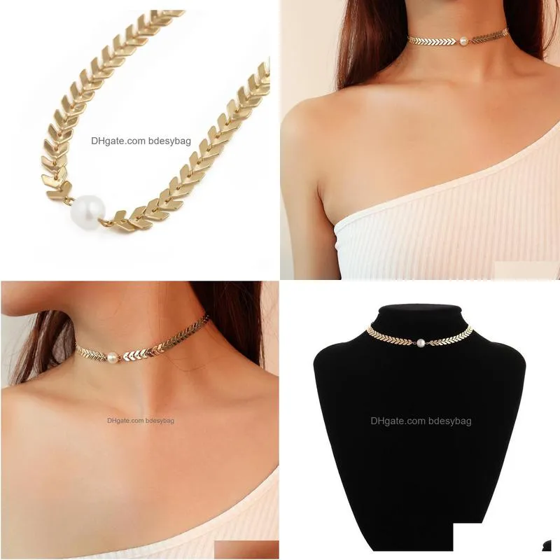 women simple delicate gold layered chokers handmade chain necklace with artificial pearl cheap wholesale drop shipping