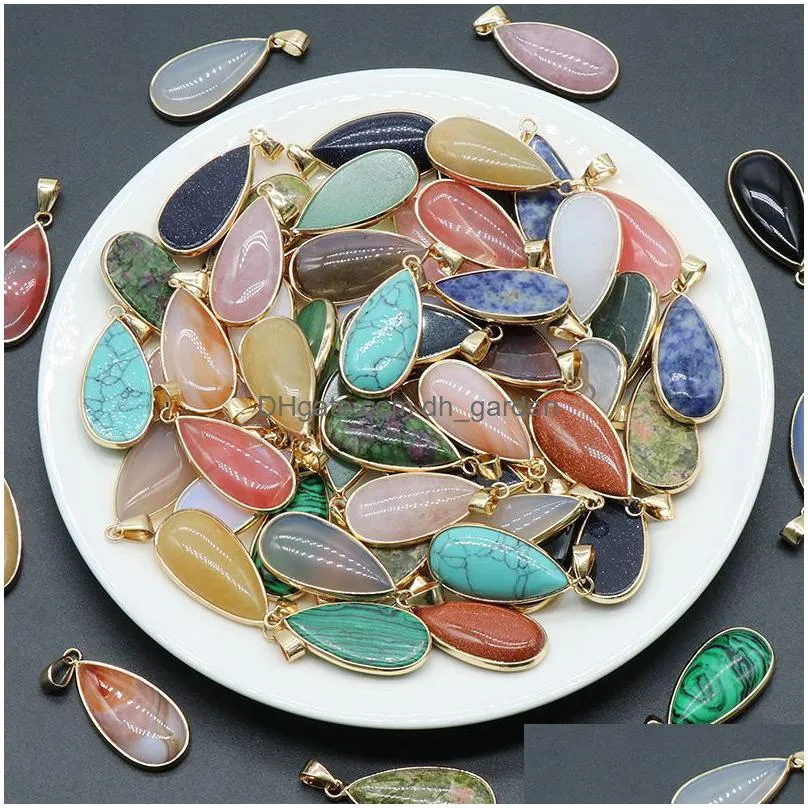 natural agate crystal semiprecious stone charms waterdrop agate gold border edge egg pendant for jewelry making