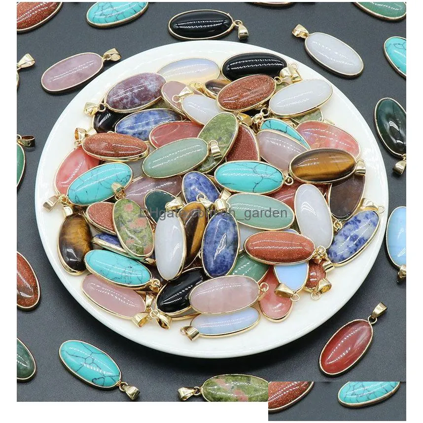 natural agate crystal semiprecious stone charms agate gold border edge egg pendant for jewelry making