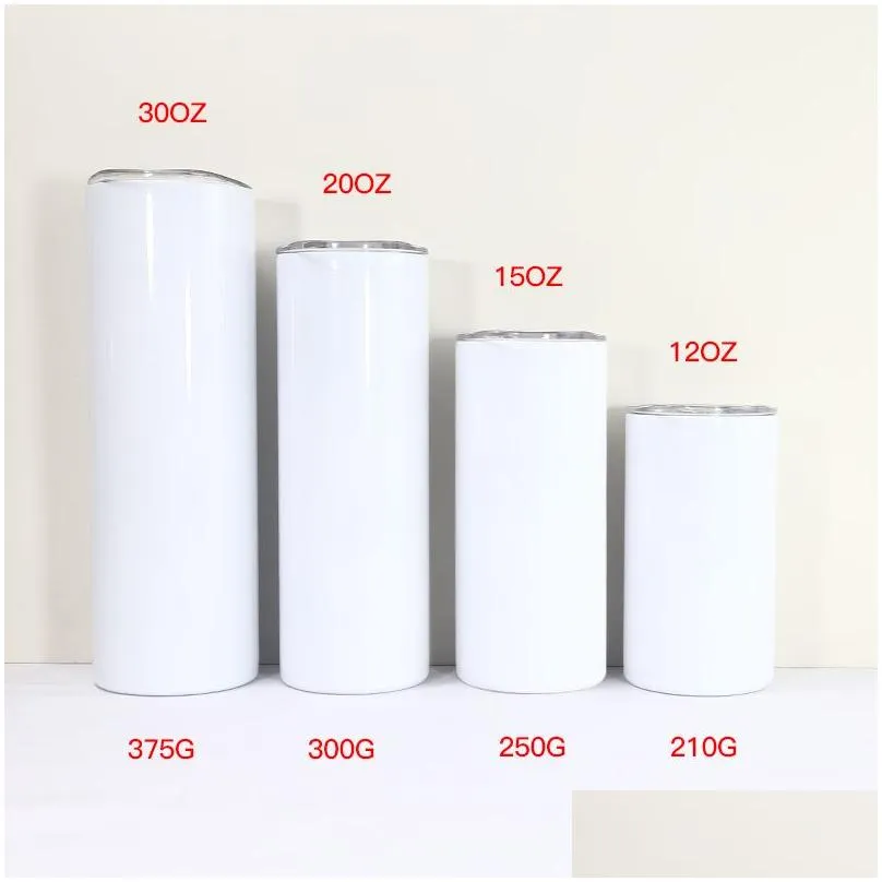 wholesale 12oz 15oz 20oz 30oz sublimation straight skinny tumbler stainless steel tumblers double walled vacuum insulated with sealed lid and plastic straw