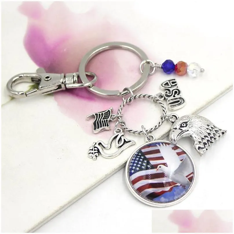 wholesale usa flag keychain patriotic style key chain keyring cabochon printed american usa flag backpack key holder gifts