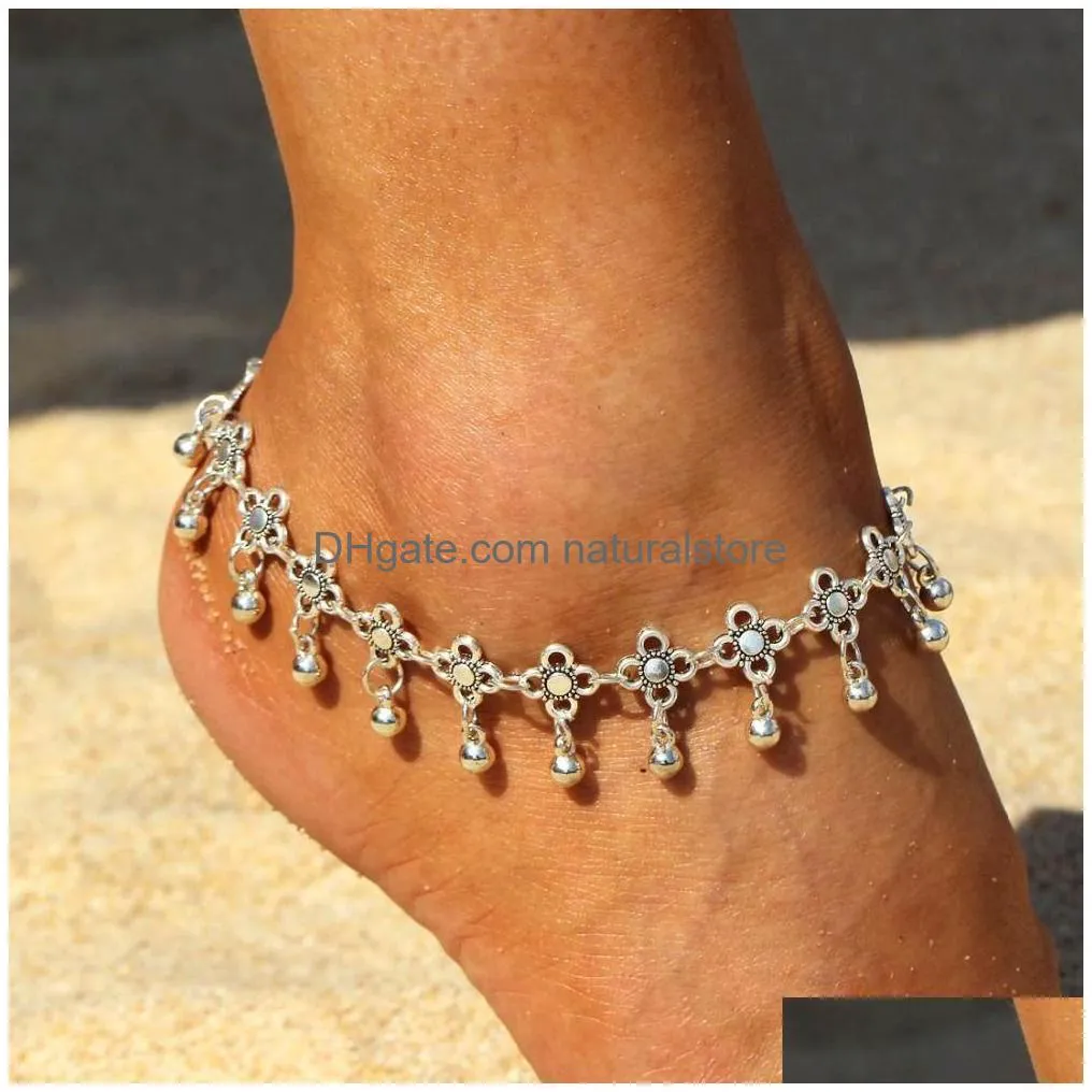 bohemia alloy chain anklet flower design summer beach ankles foot bracelet antique silver color retro anklets gift