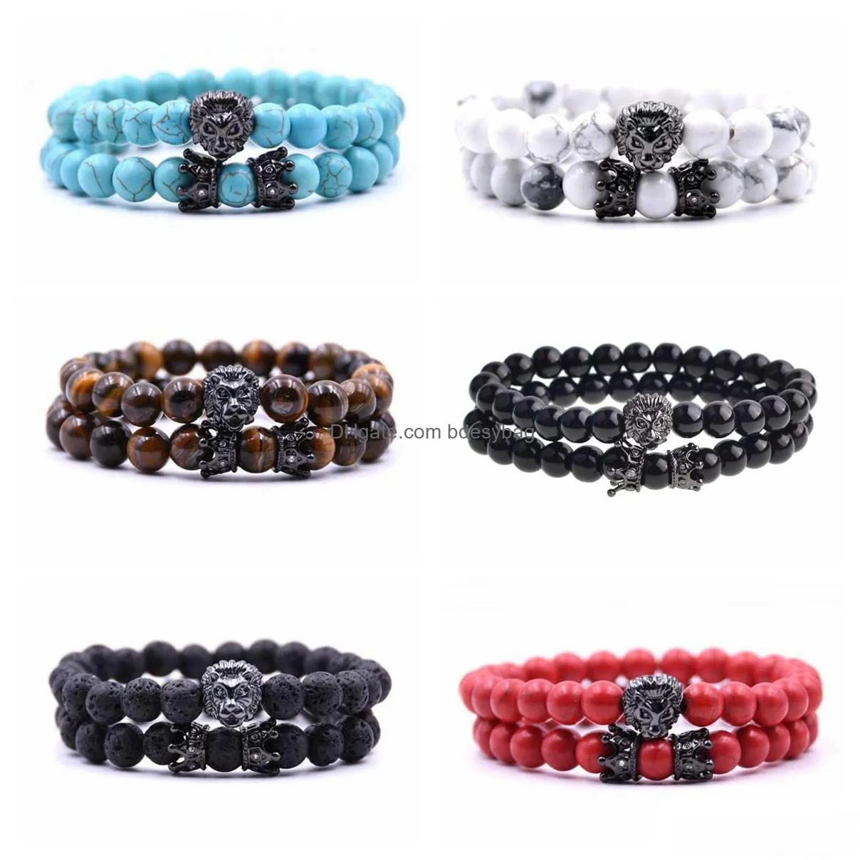 2 pcs/set animal king  head tiger eye bracelet black natural stone crown couple braclet sets for men hand jewelry accessories