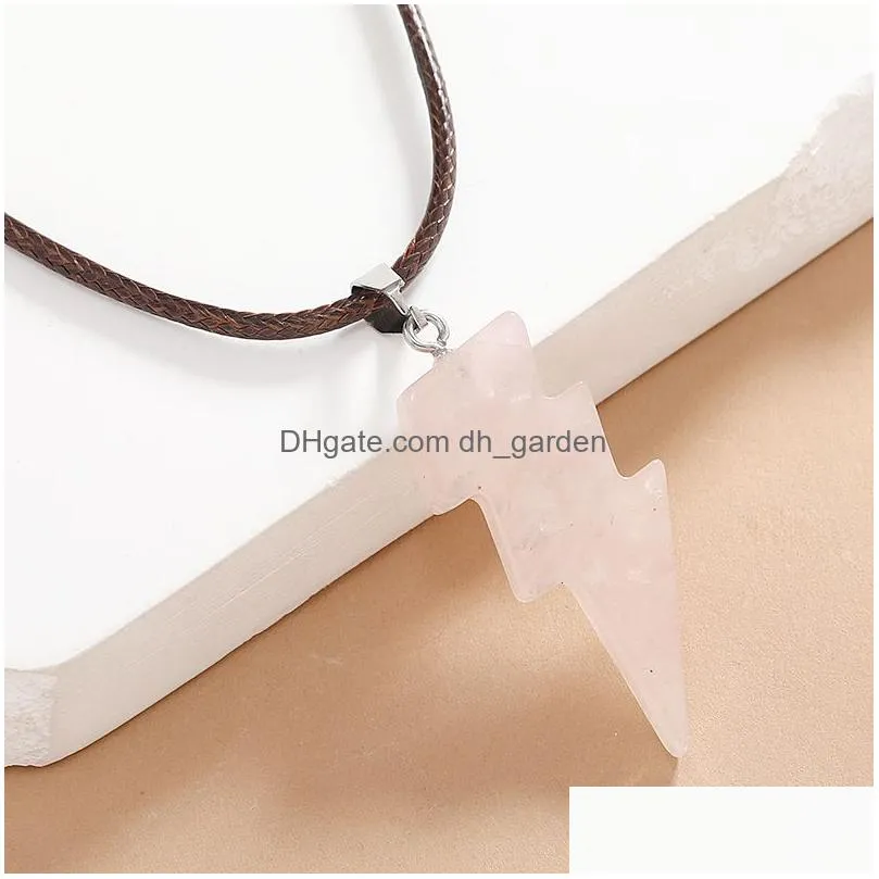 fashion lightning shape natural stone quartz pendant opal crystal necklace for women men brown leather rope chain jewelry gift