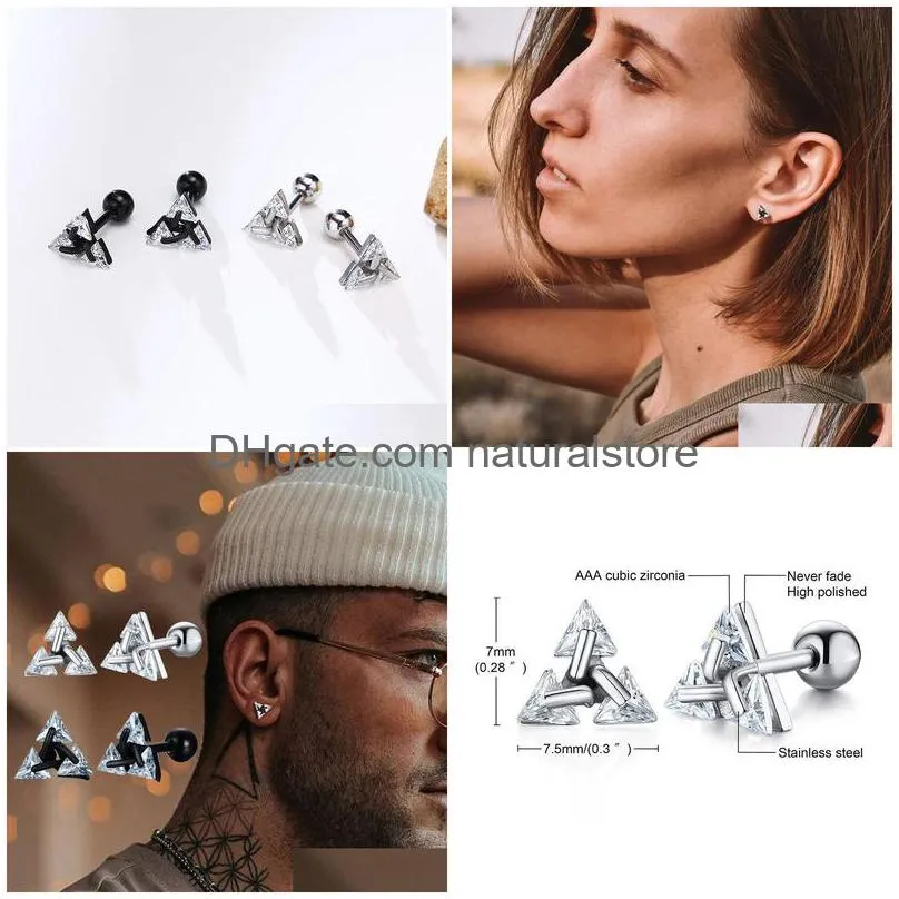men stud earring charm triangle pierced crystal zircon stud earrings stainless steel tiny minimalist studs for mens women jewelry