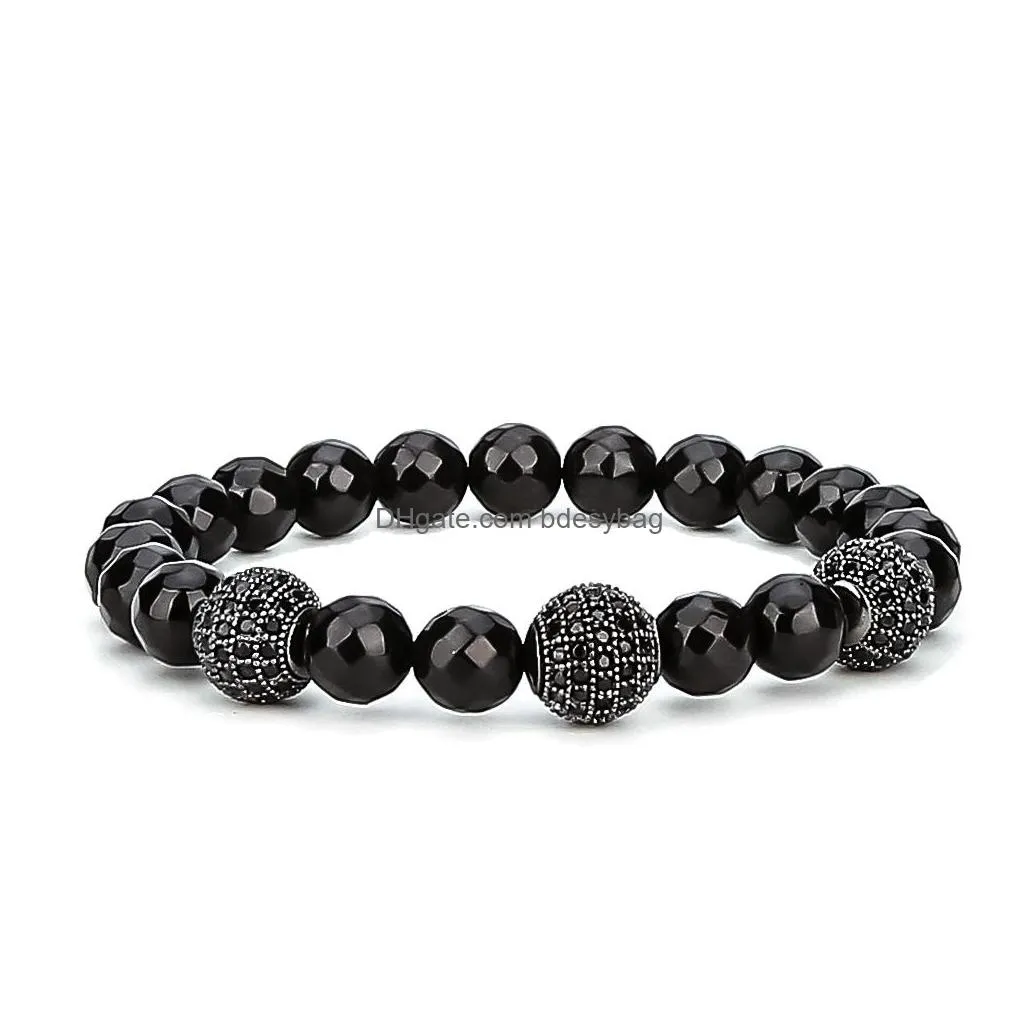 2018 new fashion 10pc/set crown beads bracelet charm handmade jewelry for men women 8mm multisection black onyx stone beads