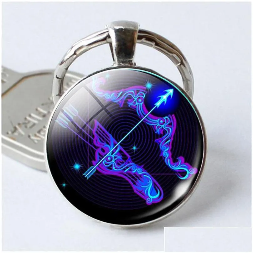 12 constellation keychain zodiac sign key chain round glass pendant keyring keyfob for handbag purse bags car key charm xmas gift 1098